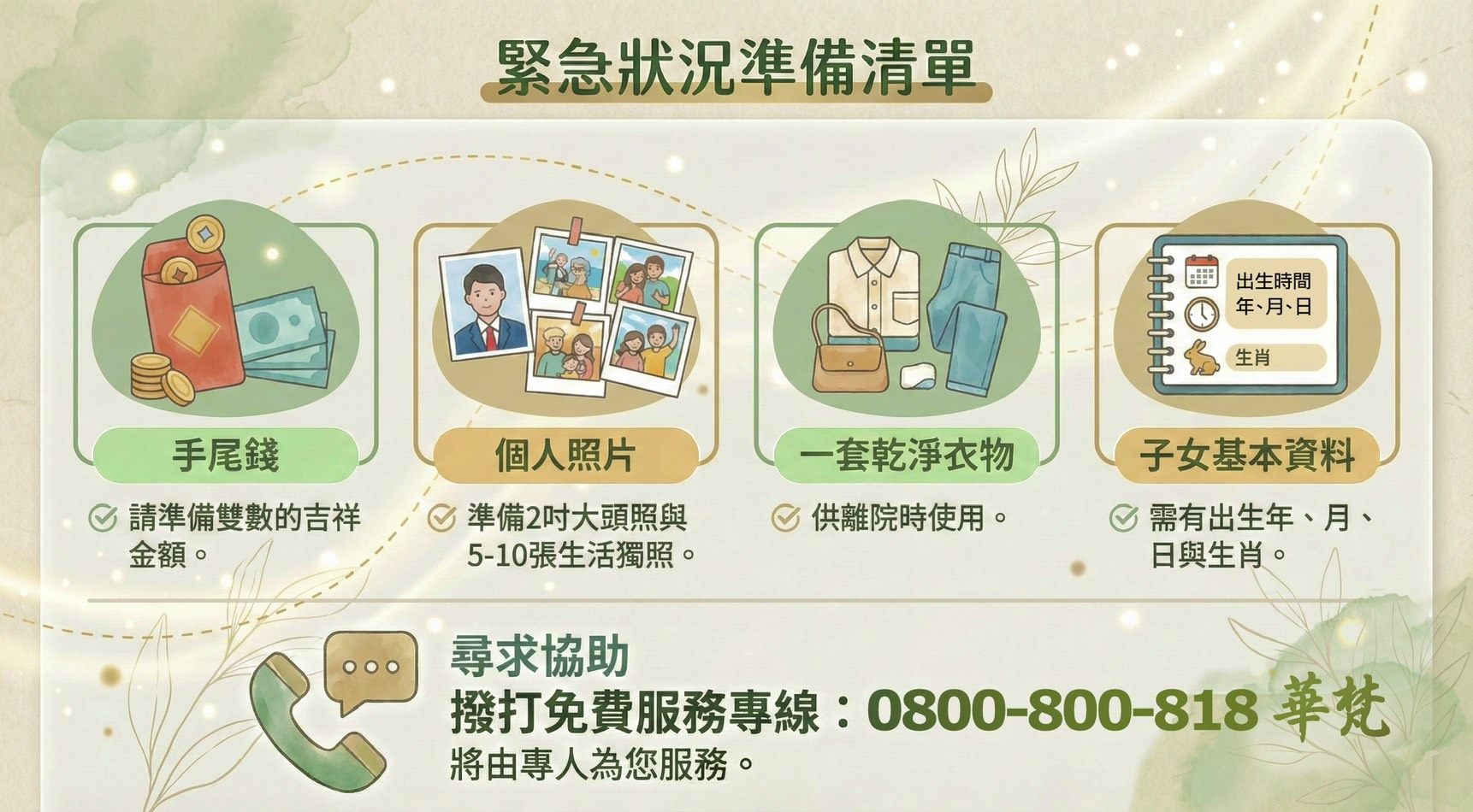 緊急狀況準備清單：手尾錢、個人照片、一套乾淨衣物與子女基本資料